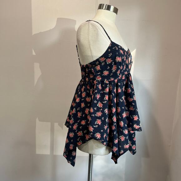 Y2K Mudd Spaghetti Strap Blue Floral Top Smocked Babydoll Size L - Picture 2 of 8